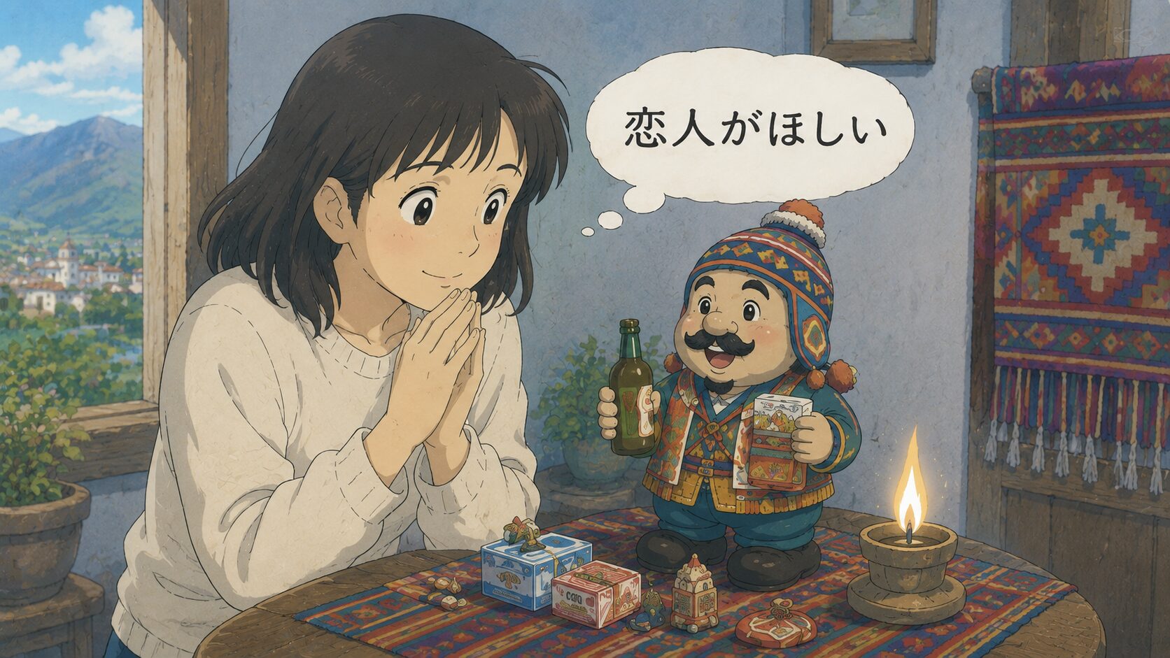 エケコ人形にお願いしている女性のイラスト